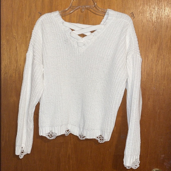 •DEREK HEART•NWOT WHITE DISTRESSED HEM KNIT V NECK CHUNKY SWEATER SIZE XL - Picture 3 of 8